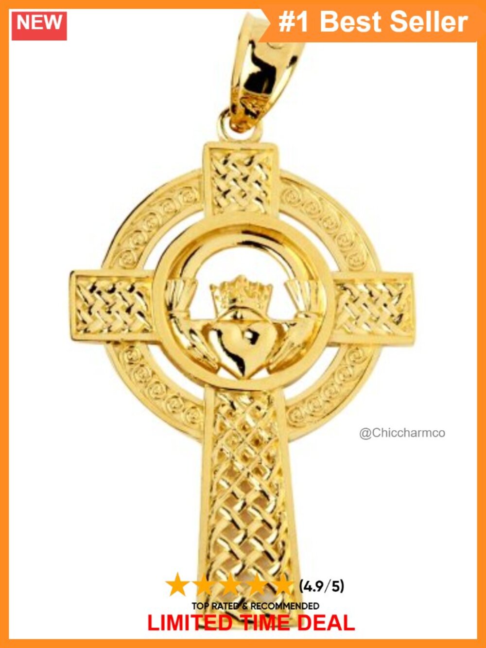 10K Yellow Gold Celtic Knot Claddagh Cross Pendant Charm